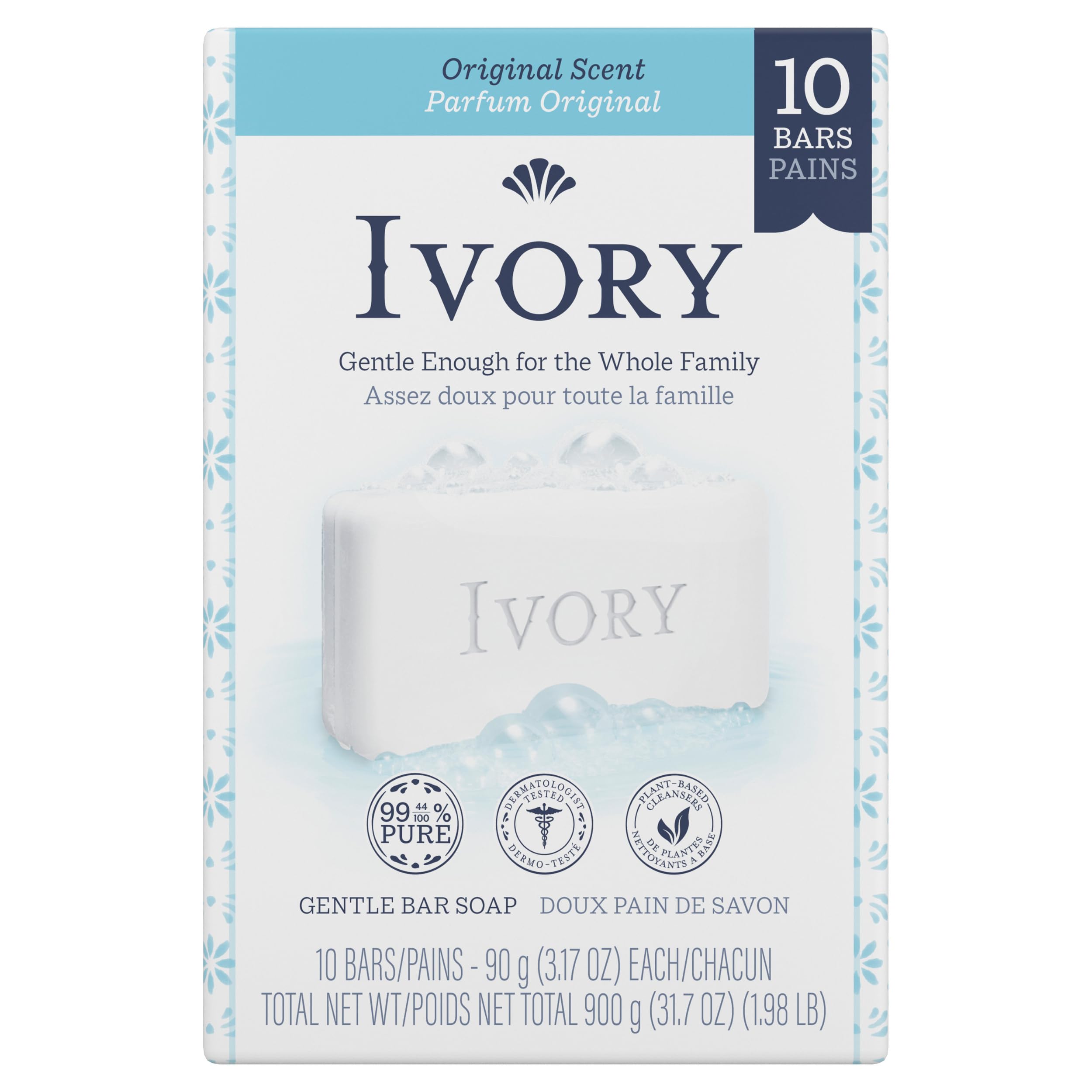 Ivory Gentle Bath Bar Soap – 99.44% Pure, Plant-Based Cleanser, Original Scent, 10 Count
