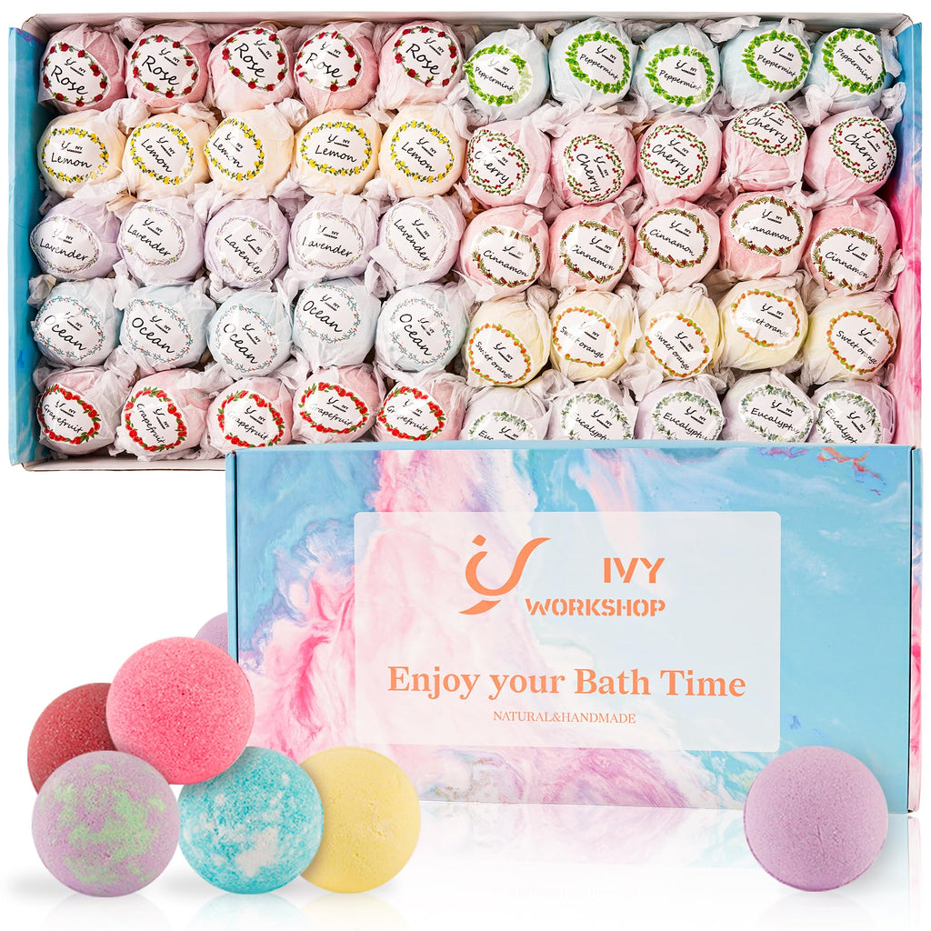 IvyWorkshop Bath Bomb Gift Set – 50 Natural Bubble Bath Bombs, 10 Scents, Handmade Spa Gift for Women