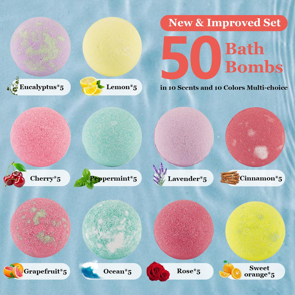 IvyWorkshop Bath Bombs Gift Set — 50 Pcs, 10 Scents, Natural Handmade Bubble Bath