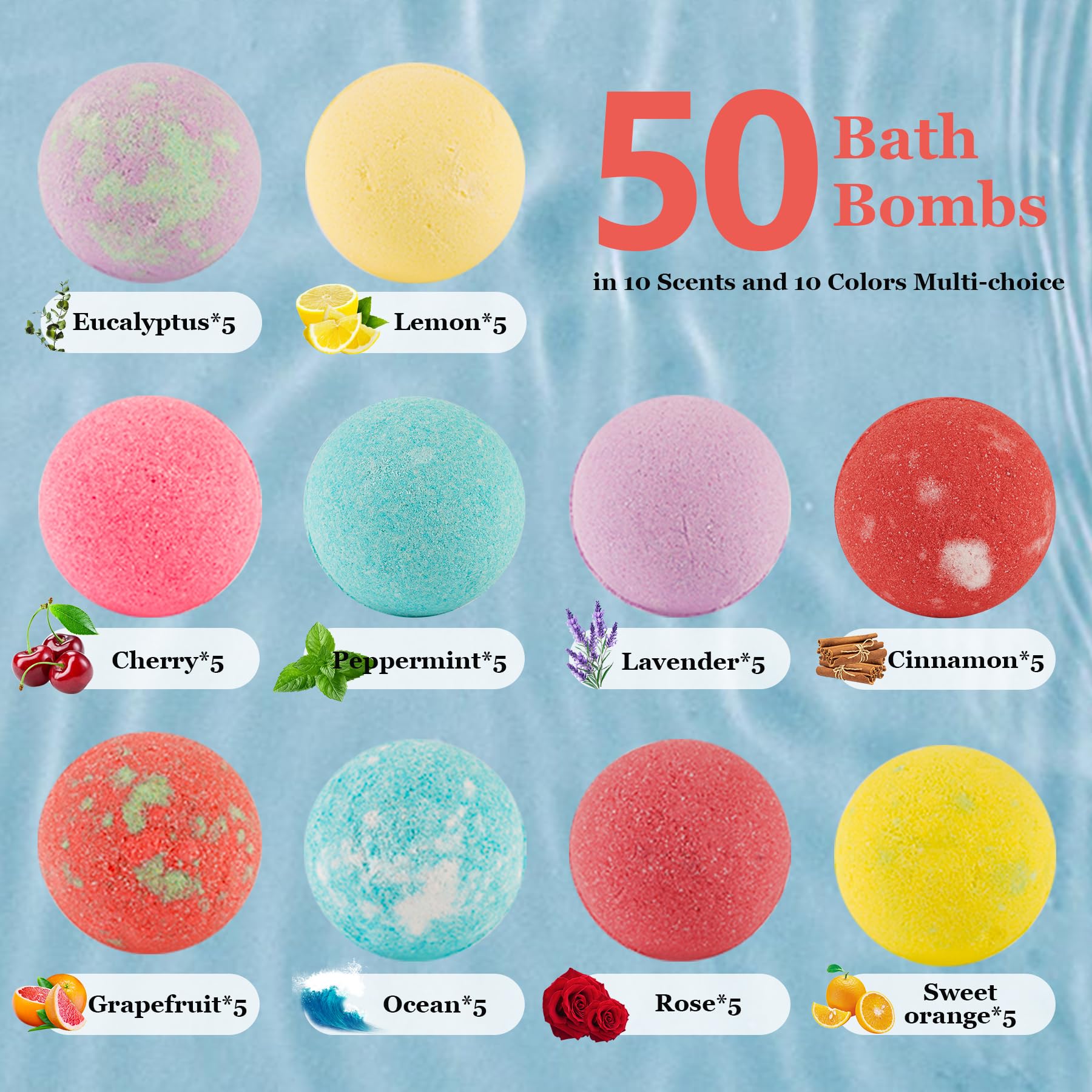 IvyWorkshop Bath Bomb Gift Set – 50 Natural Bubble Bath Bombs, 10 Scents, Handmade Spa Gift for Women