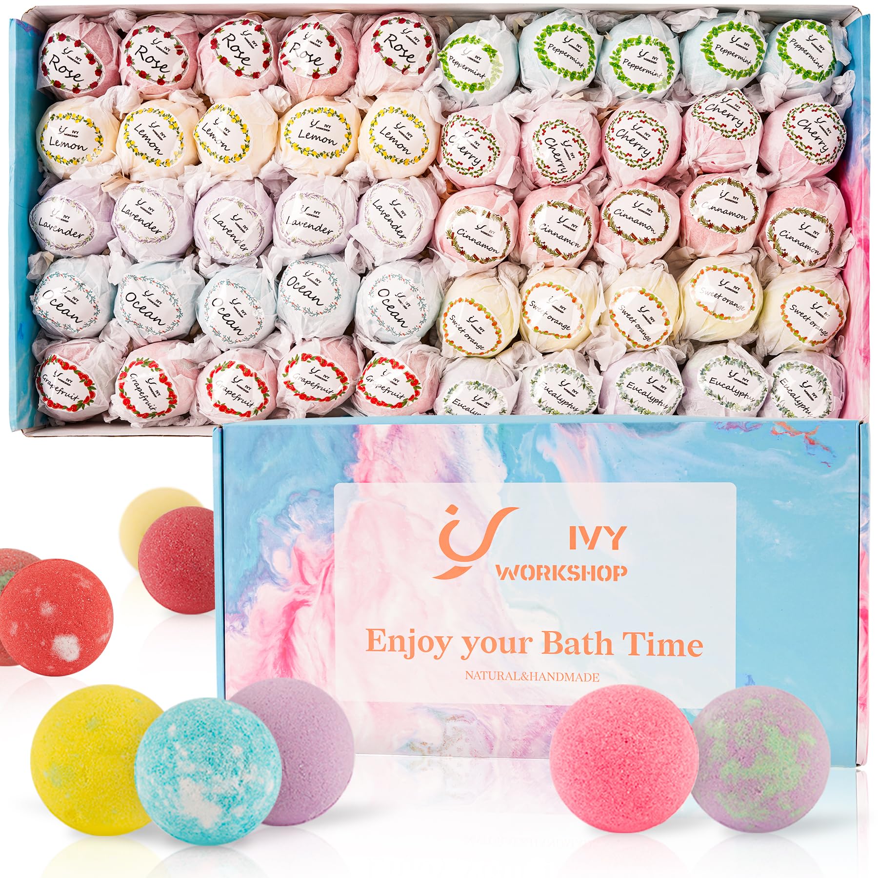 IvyWorkshop Bath Bomb Gift Set – 50 Natural Bubble Bath Bombs, 10 Scents, Handmade Spa Gift for Women