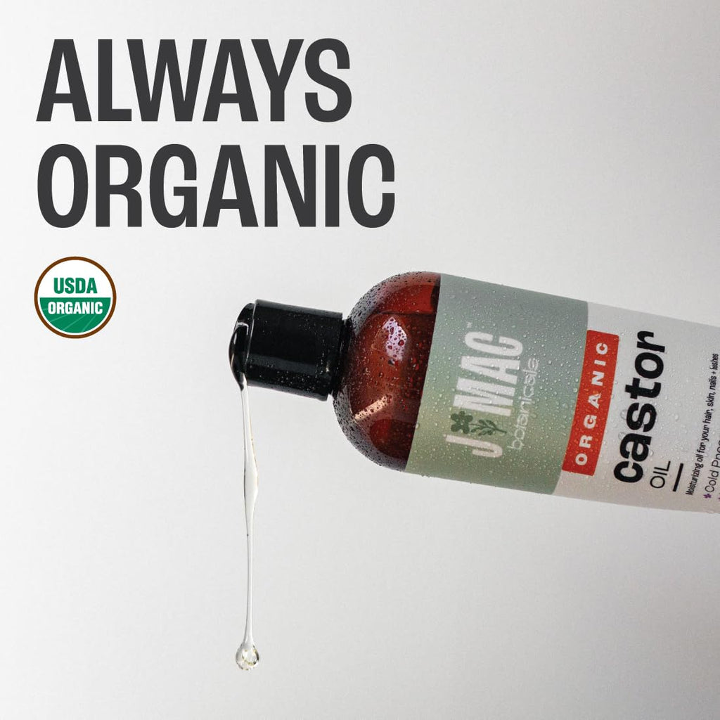 J Mac Botanicals Organic Castor Oil, Cold-Pressed (32 oz) – Two 16 oz Bottles, Hexane-Free for Face, Skin, Eyelashes