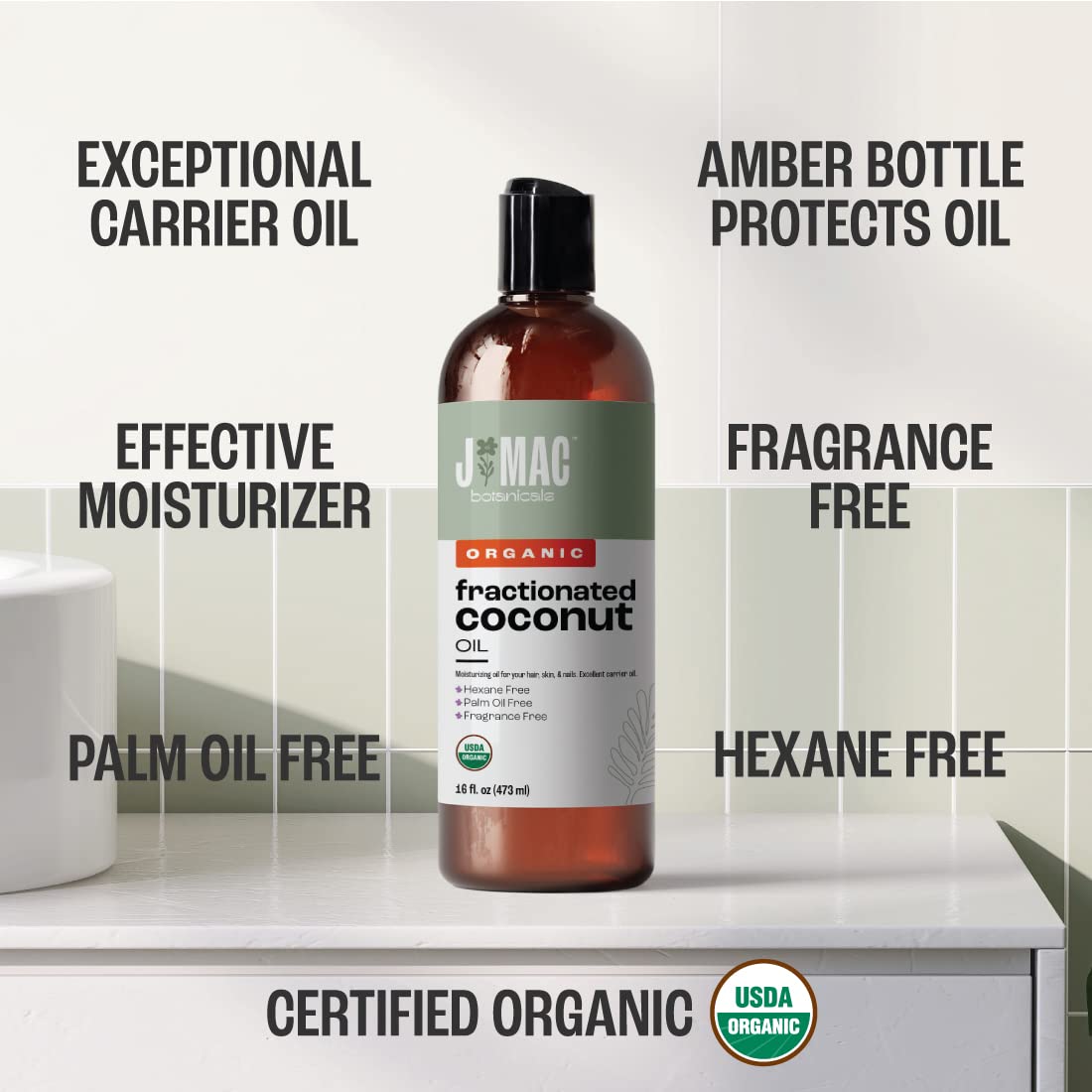 J Mac Botanicals Organic Fractionated Coconut Oil – 32 oz (2-Pack) Carrier Oil for Essential Oils, Hair & Skin
