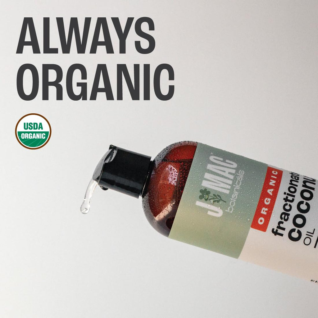 J MAC BOTANICALS Organic Fractionated Coconut Oil 16oz – Carrier Oil for Essential Oils, Hair & Skin