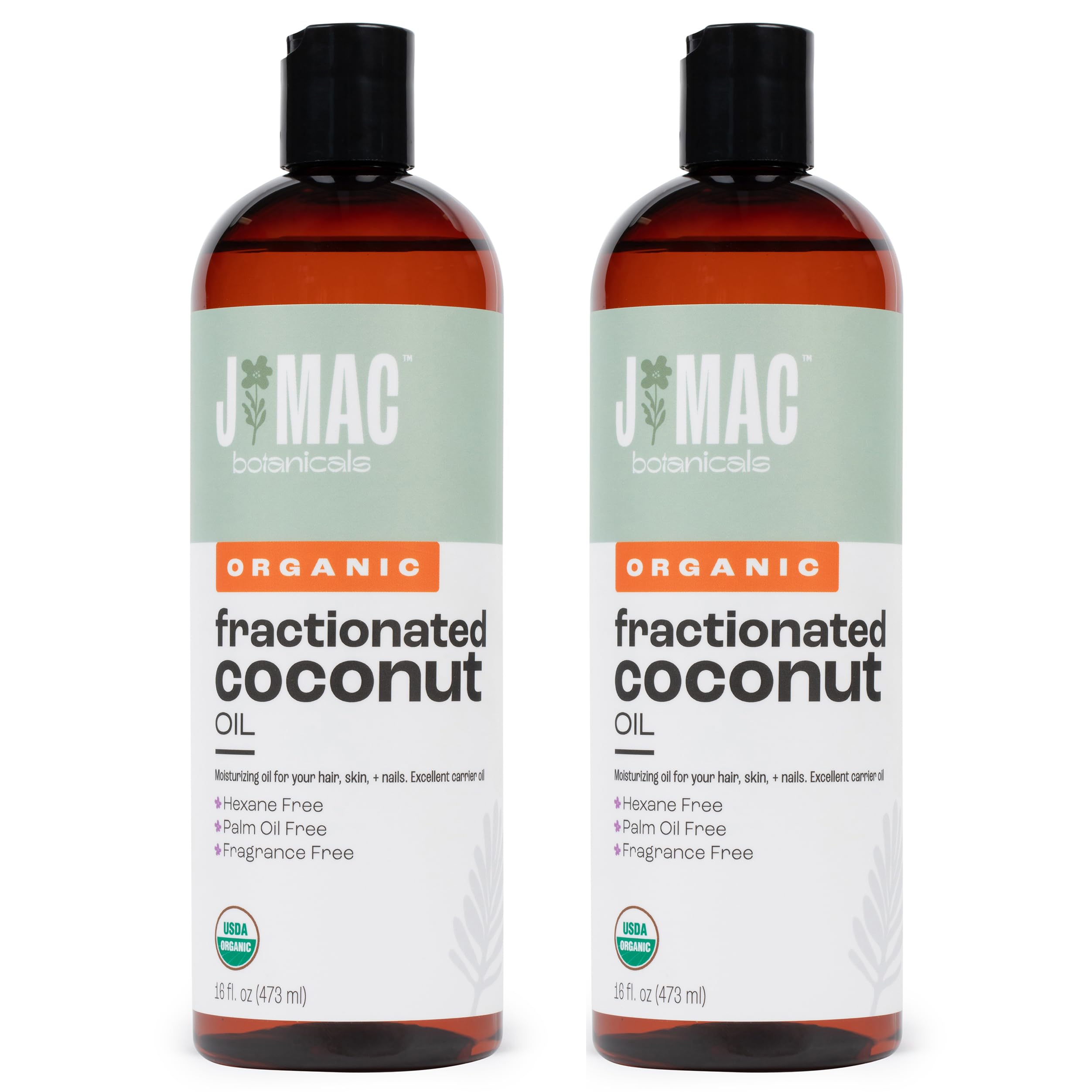 J Mac Botanicals Organic Fractionated Coconut Oil – 32 oz (2-Pack) Carrier Oil for Essential Oils, Hair & Skin