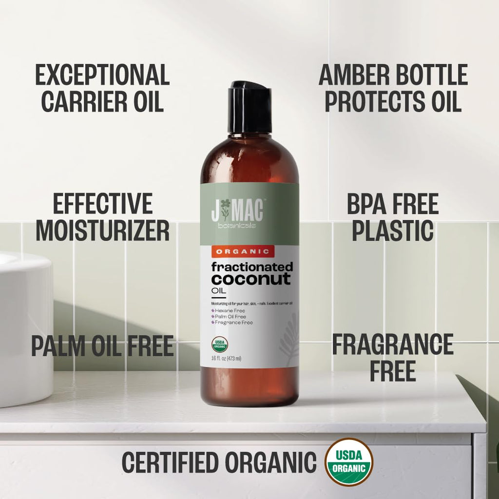 J MAC BOTANICALS Organic Fractionated Coconut Oil 16oz – Carrier Oil for Essential Oils, Hair & Skin