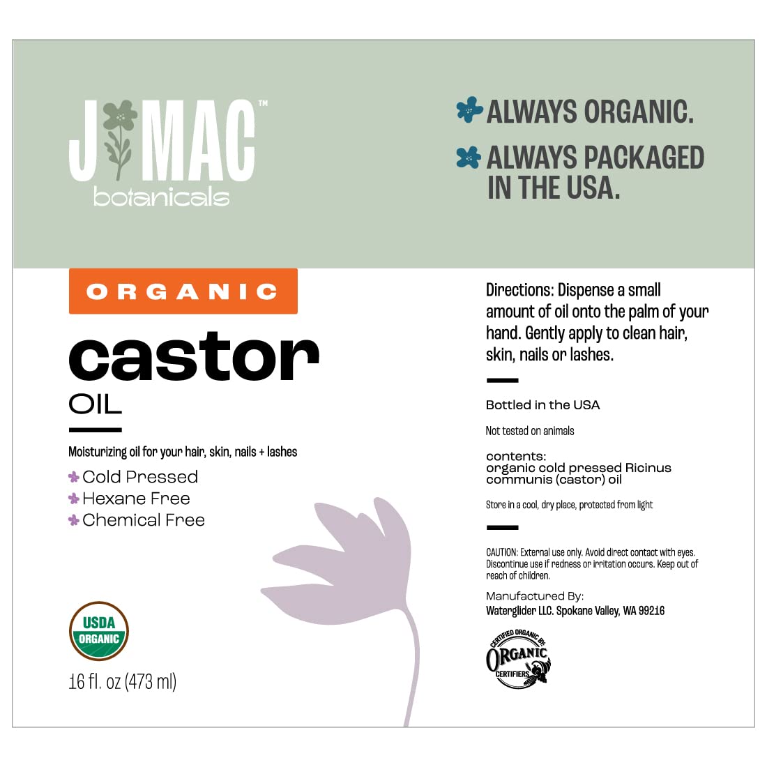 J Mac Botanicals Organic Castor Oil, Cold-Pressed (32 oz) – Two 16 oz Bottles, Hexane-Free for Face, Skin, Eyelashes