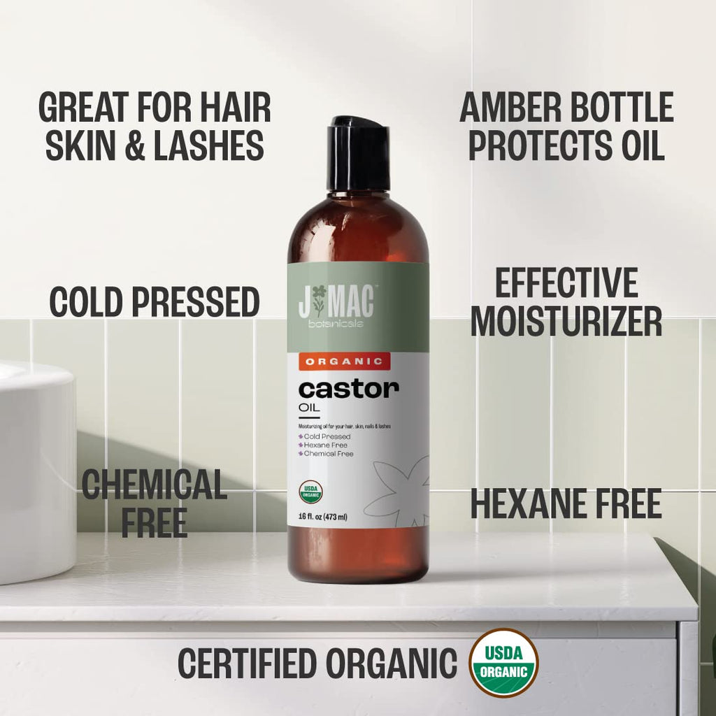 J Mac Botanicals Organic Castor Oil, Cold-Pressed (32 oz) – Two 16 oz Bottles, Hexane-Free for Face, Skin, Eyelashes