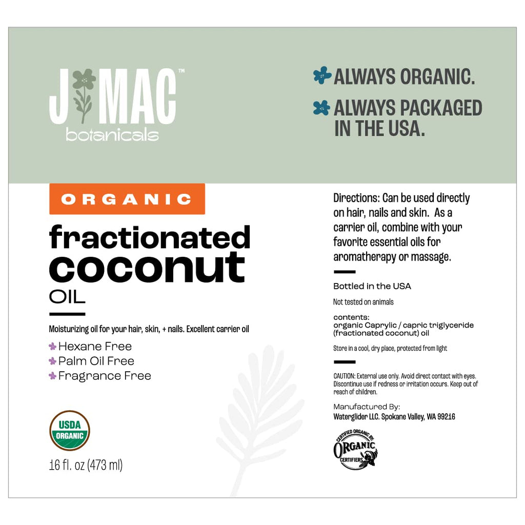 J MAC BOTANICALS Organic Fractionated Coconut Oil 16oz – Carrier Oil for Essential Oils, Hair & Skin