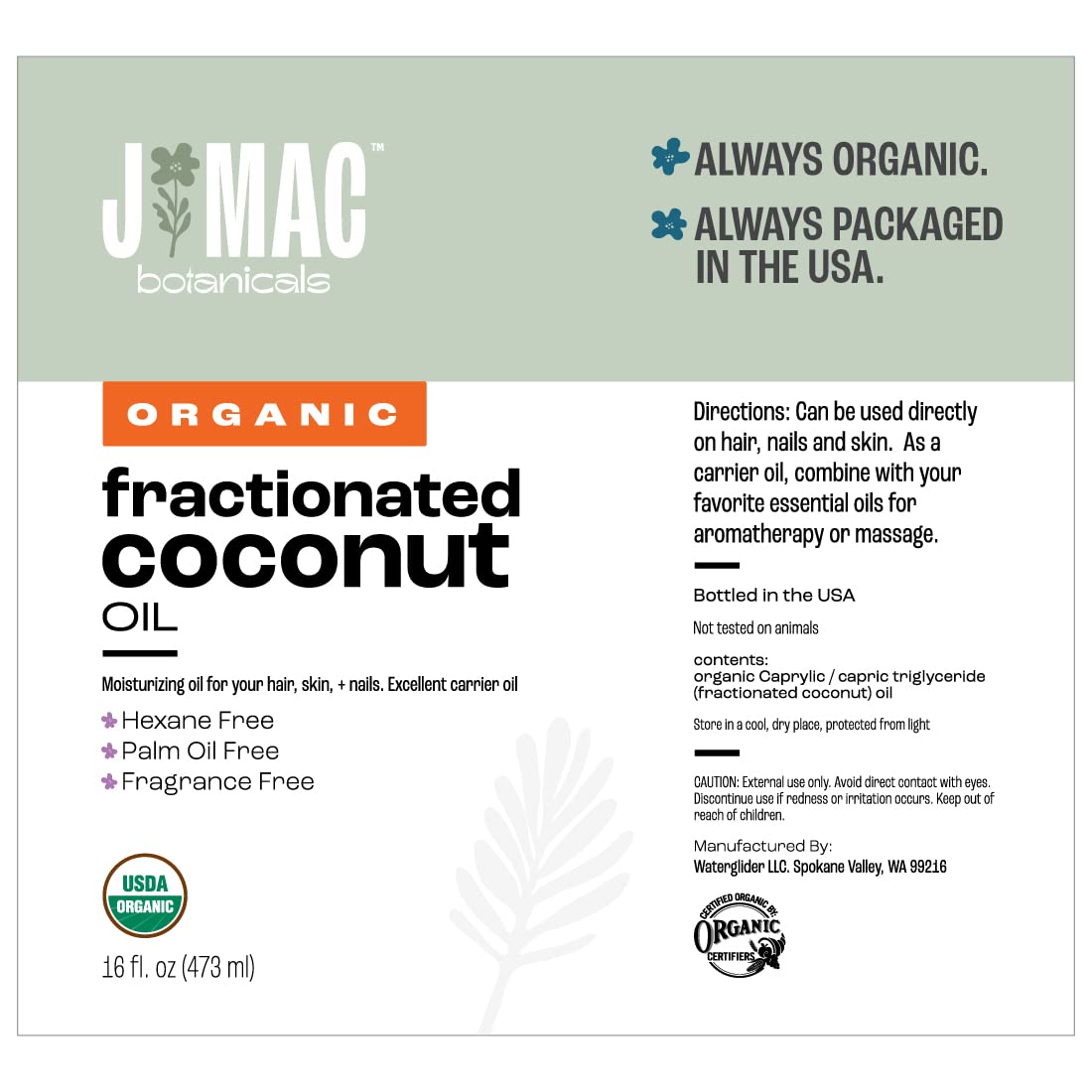 J MAC BOTANICALS Organic Fractionated Coconut Oil 16oz – Carrier Oil for Essential Oils, Hair & Skin