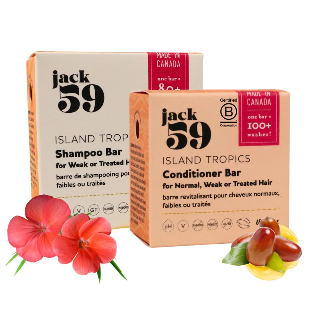 Jack59 Island Tropics All-Natural Shampoo & Conditioner Bar Set — Travel-Ready Pack for Normal, Weak or Treated Hair (3 oz & 2 oz)