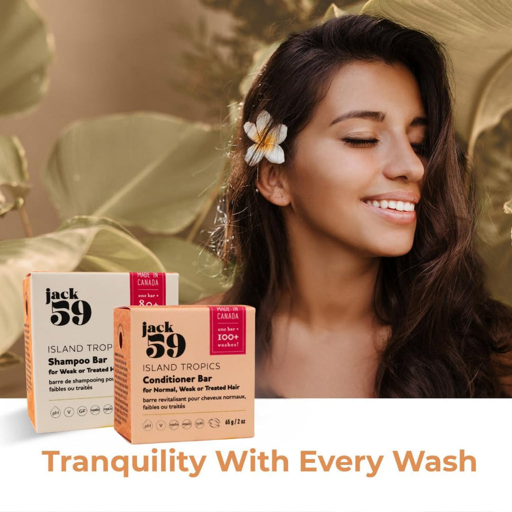 Jack59 Island Tropics All-Natural Shampoo & Conditioner Bar Set — Travel-Ready Pack for Normal, Weak or Treated Hair (3 oz & 2 oz)