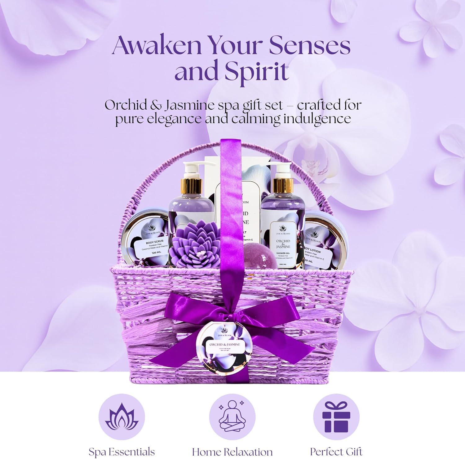 Jane & Bloom Orchid & Jasmine 9-Piece Bath Gift Set – Luxury Spa at Home | Christmas Gift for Women