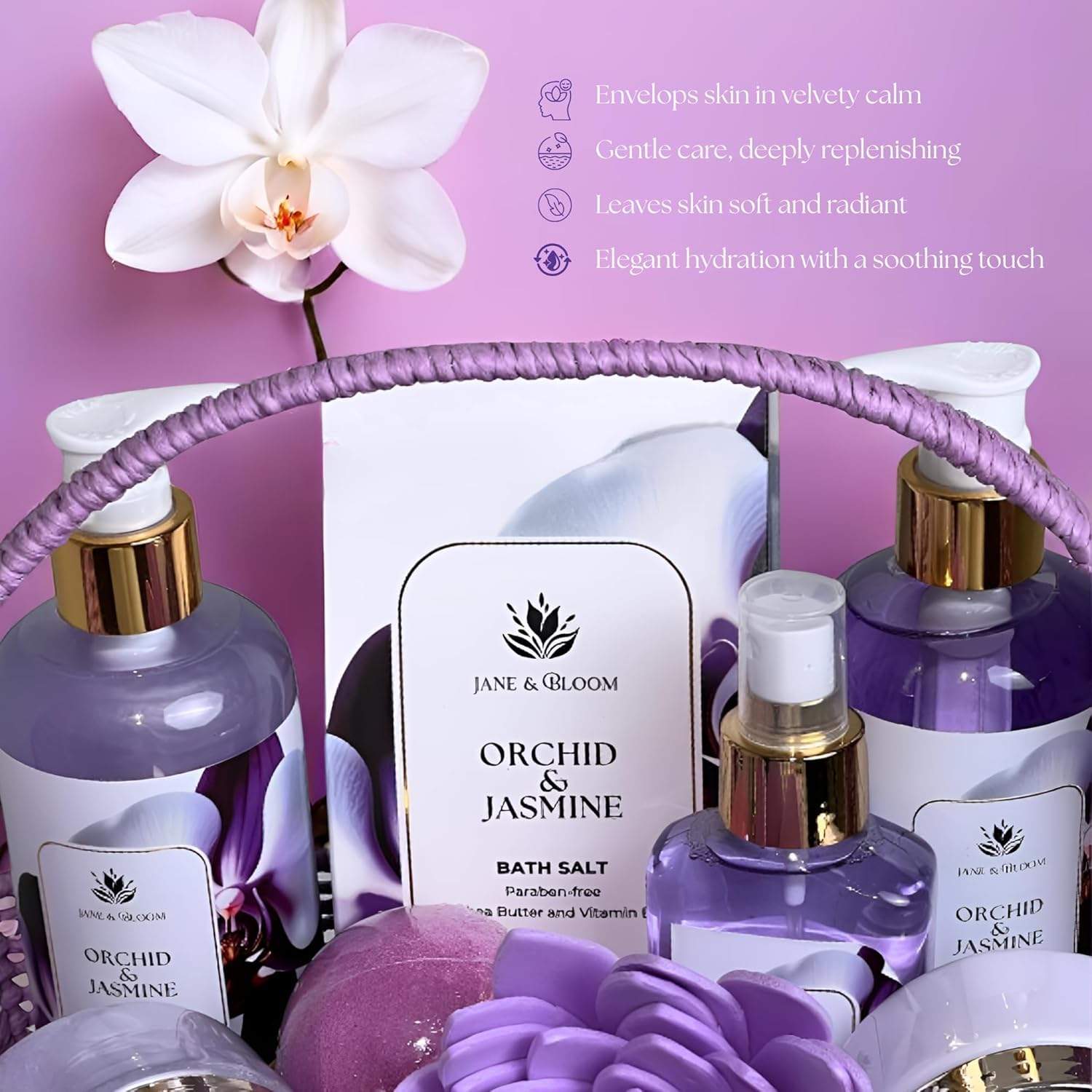 Jane & Bloom Orchid & Jasmine 9-Piece Bath Gift Set – Luxury Spa at Home | Christmas Gift for Women