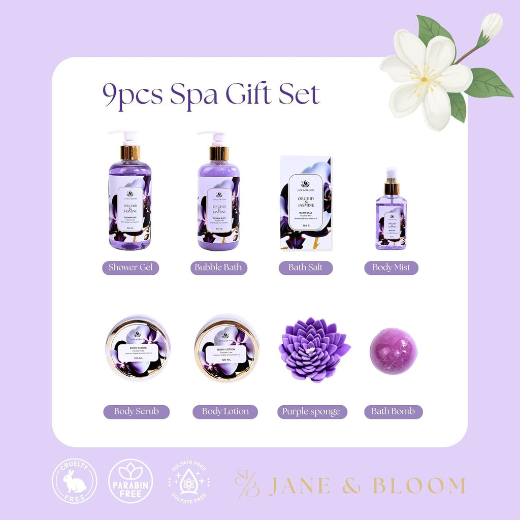 Jane & Bloom Orchid & Jasmine 9-Piece Bath Gift Set – Luxury Spa at Home | Christmas Gift for Women