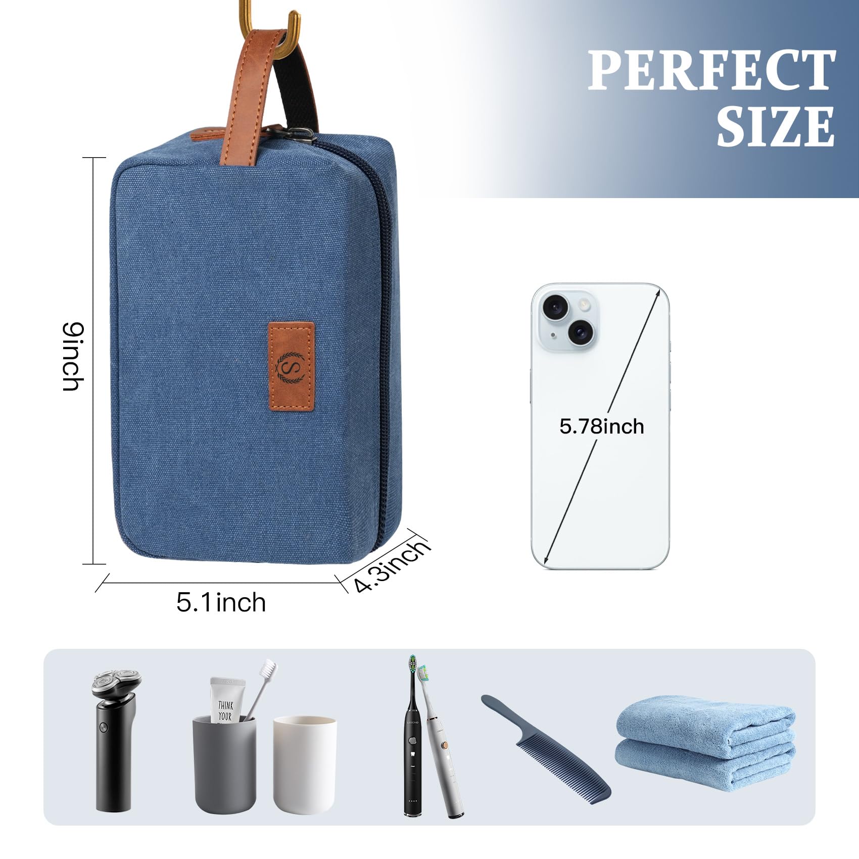 Janhavi Waterproof Personalized Toiletry Bag for Men – Engraved Initials & Wheat Ear, Blue
