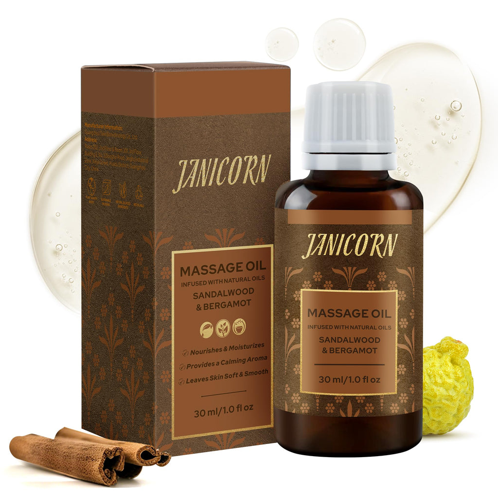 JANICORN Sandalwood and Bergamot Aromatherapy Massage Oil – Lightweight, Fast-Absorbing Hydration