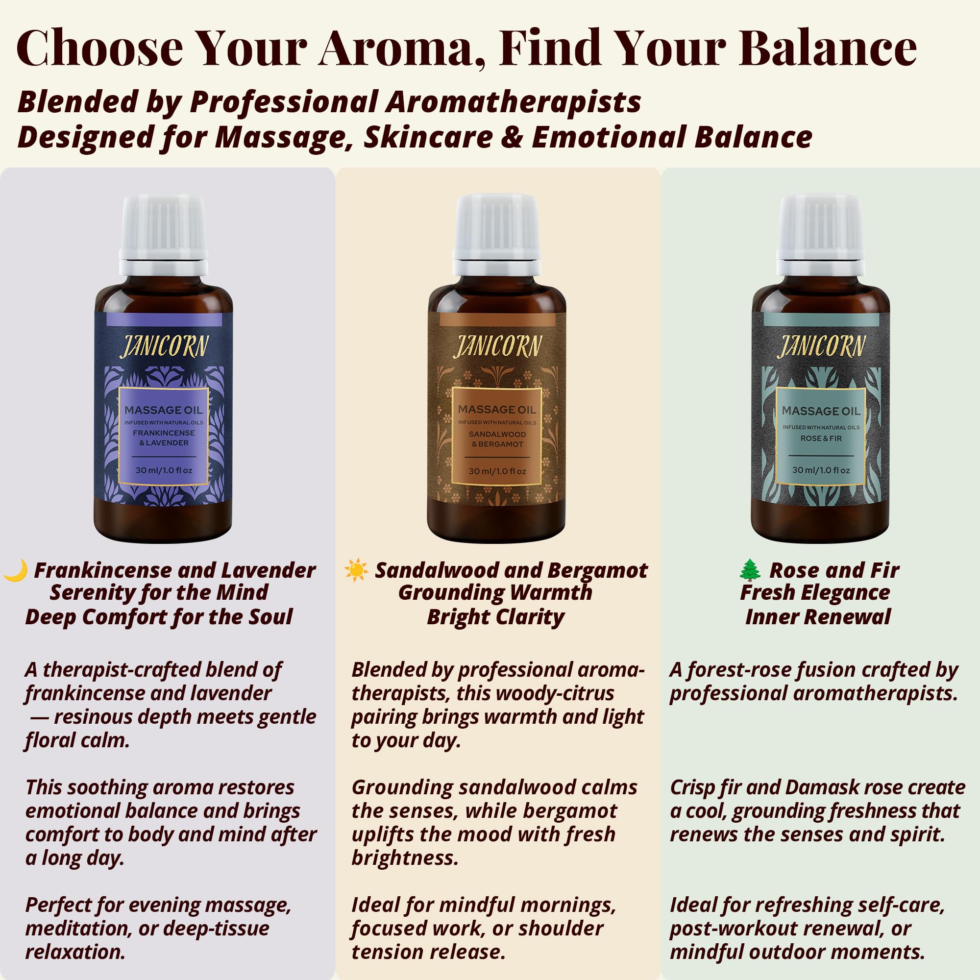 JANICORN Sandalwood and Bergamot Aromatherapy Massage Oil – Lightweight, Fast-Absorbing Hydration