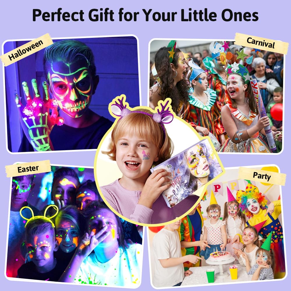 Janolia Rainbow UV Face Paint Kit – Water-Activated Split Cake for Kids’ Halloween, Carnival & Easter