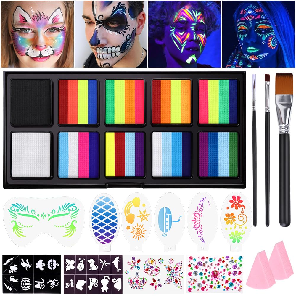 Janolia Rainbow UV Face Paint Kit – Water-Activated Split Cake for Kids’ Halloween, Carnival & Easter