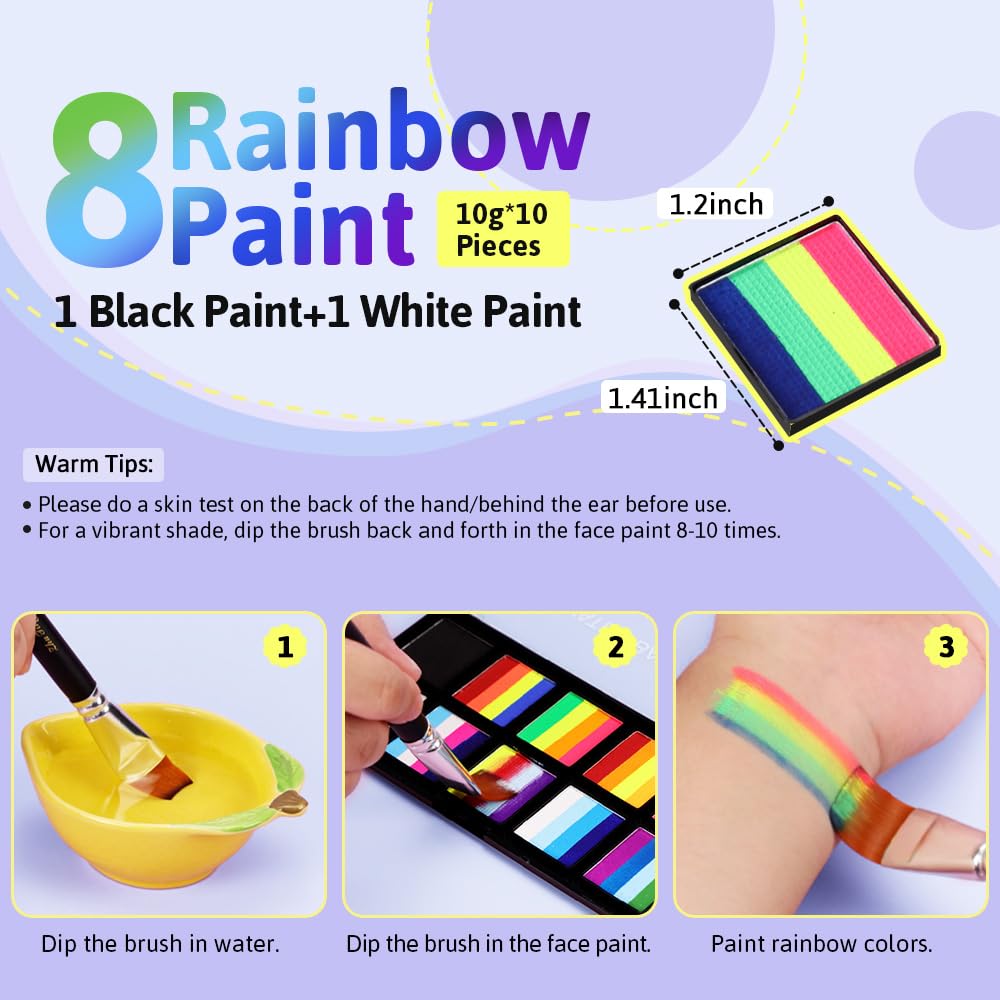 Janolia Rainbow UV Face Paint Kit – Water-Activated Split Cake for Kids’ Halloween, Carnival & Easter