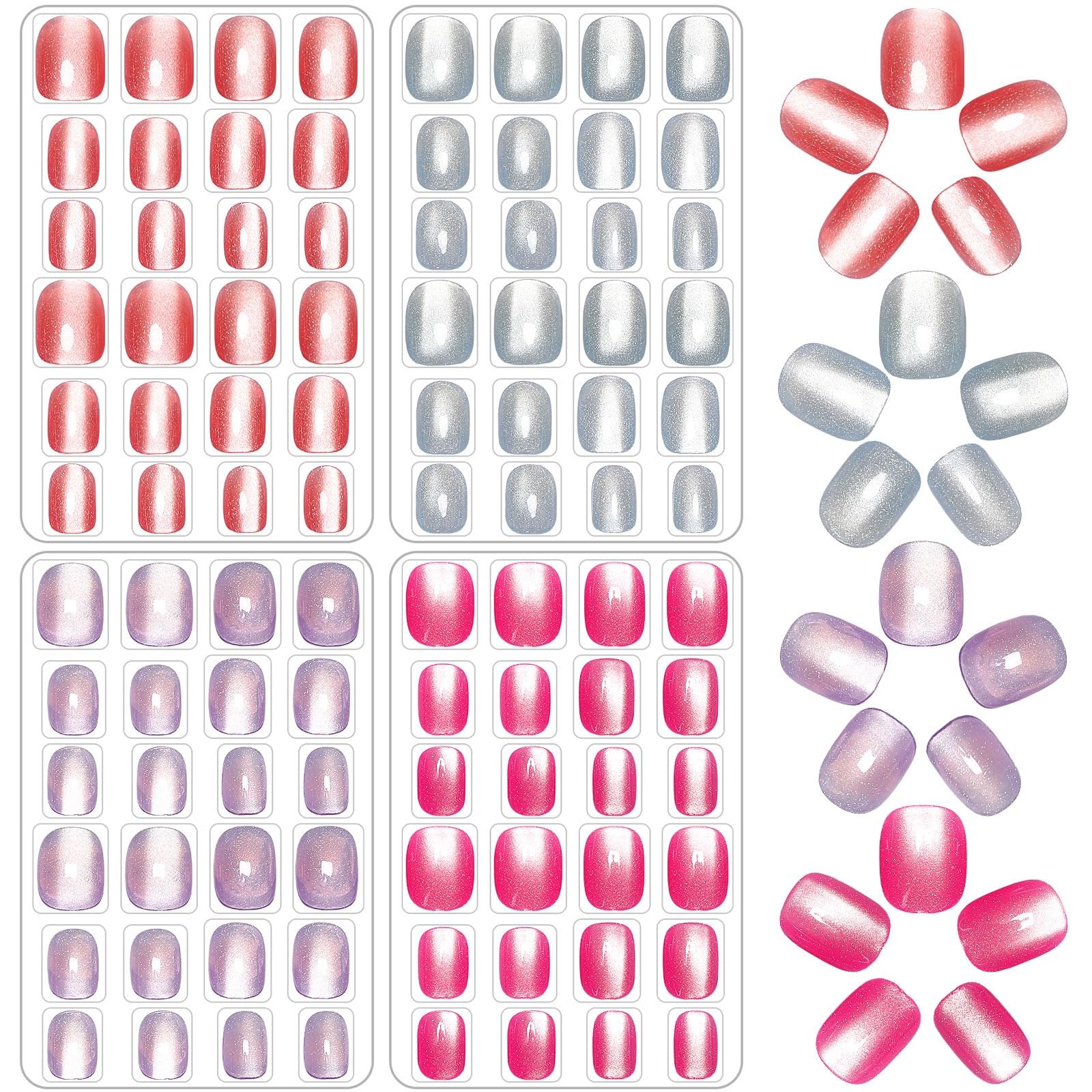 JANYUN 96 Pcs Cat-Eye Design Press-On Nails – Pre-Glued Full-Cover Short Nails