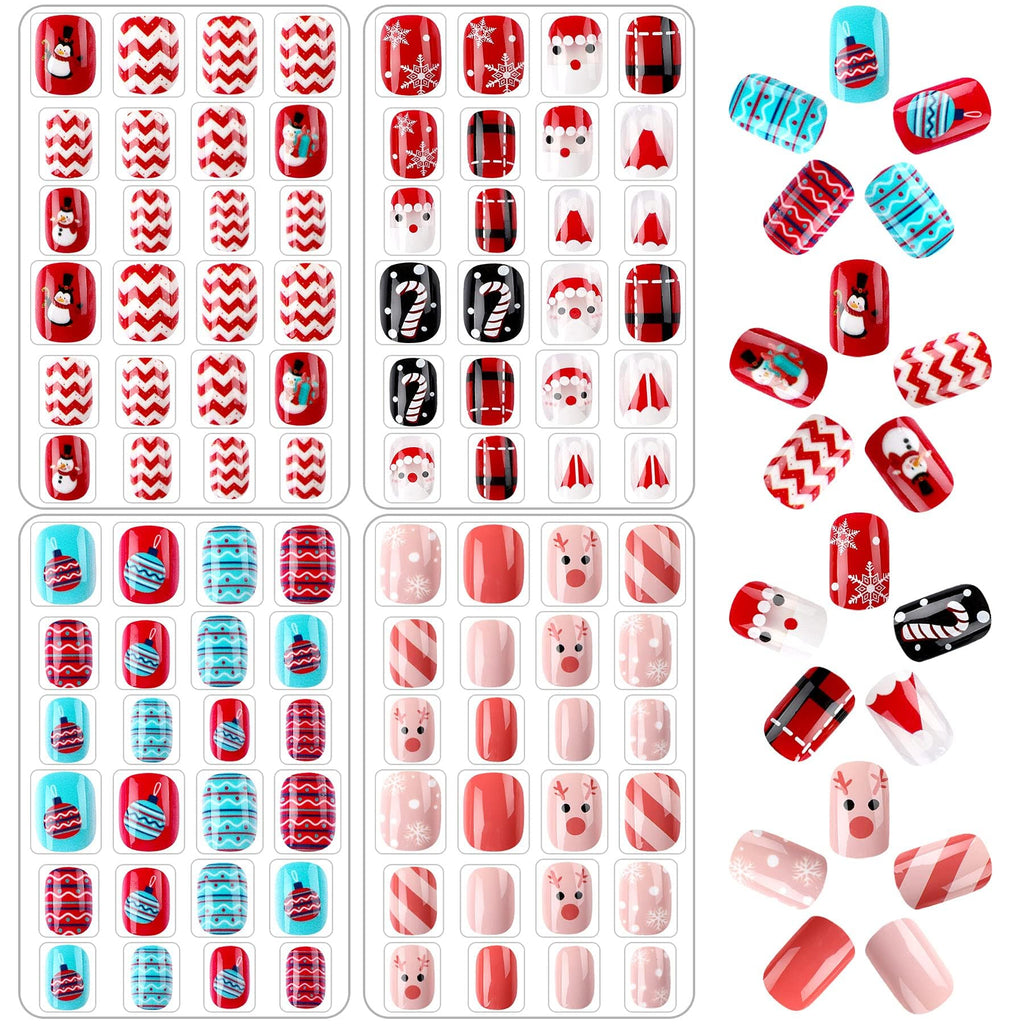 JANYUN Christmas Kids False Nails – 96 Pcs Stick-On Nails for Festive Short Nail Art