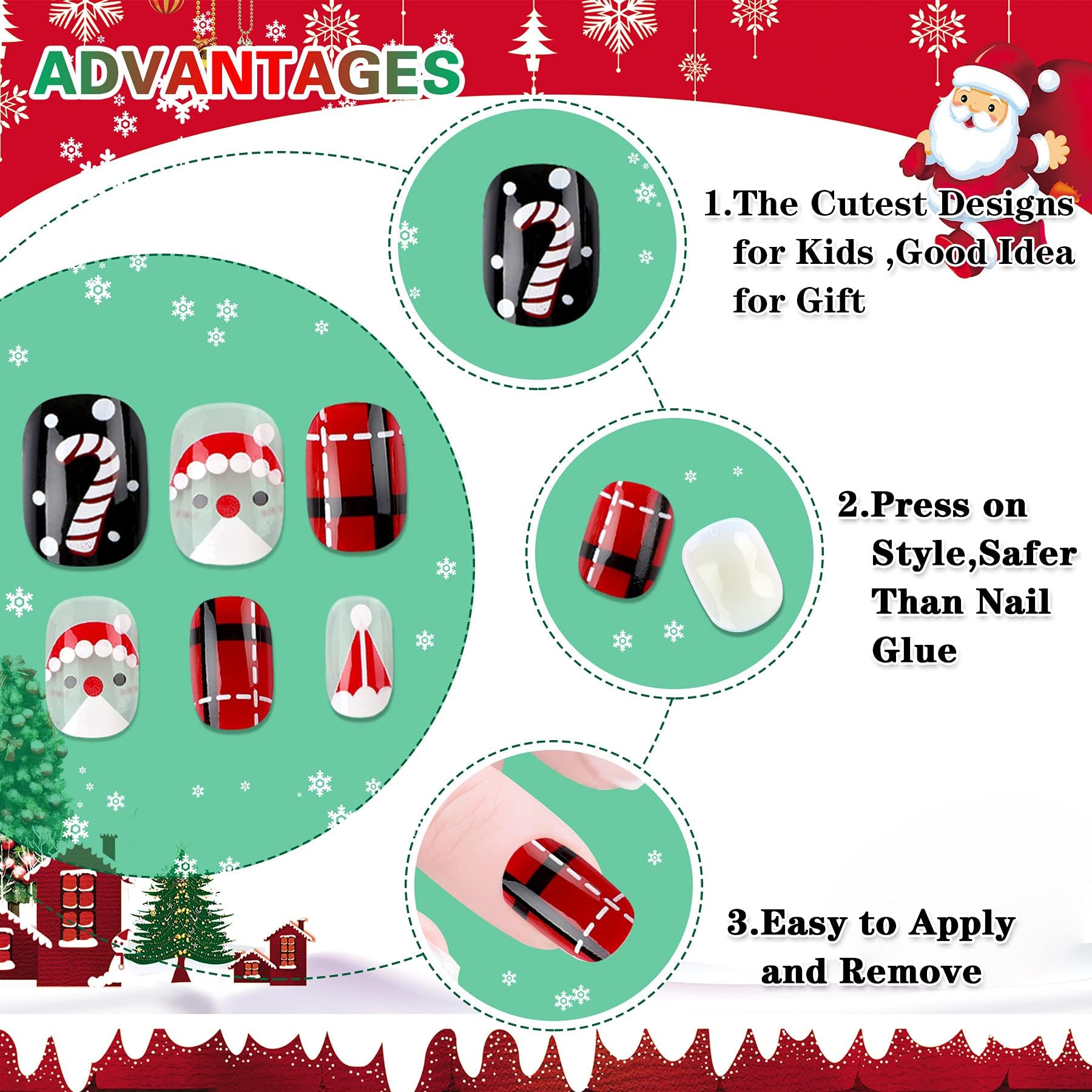JANYUN Christmas Kids False Nails – 96 Pcs Stick-On Nails for Festive Short Nail Art