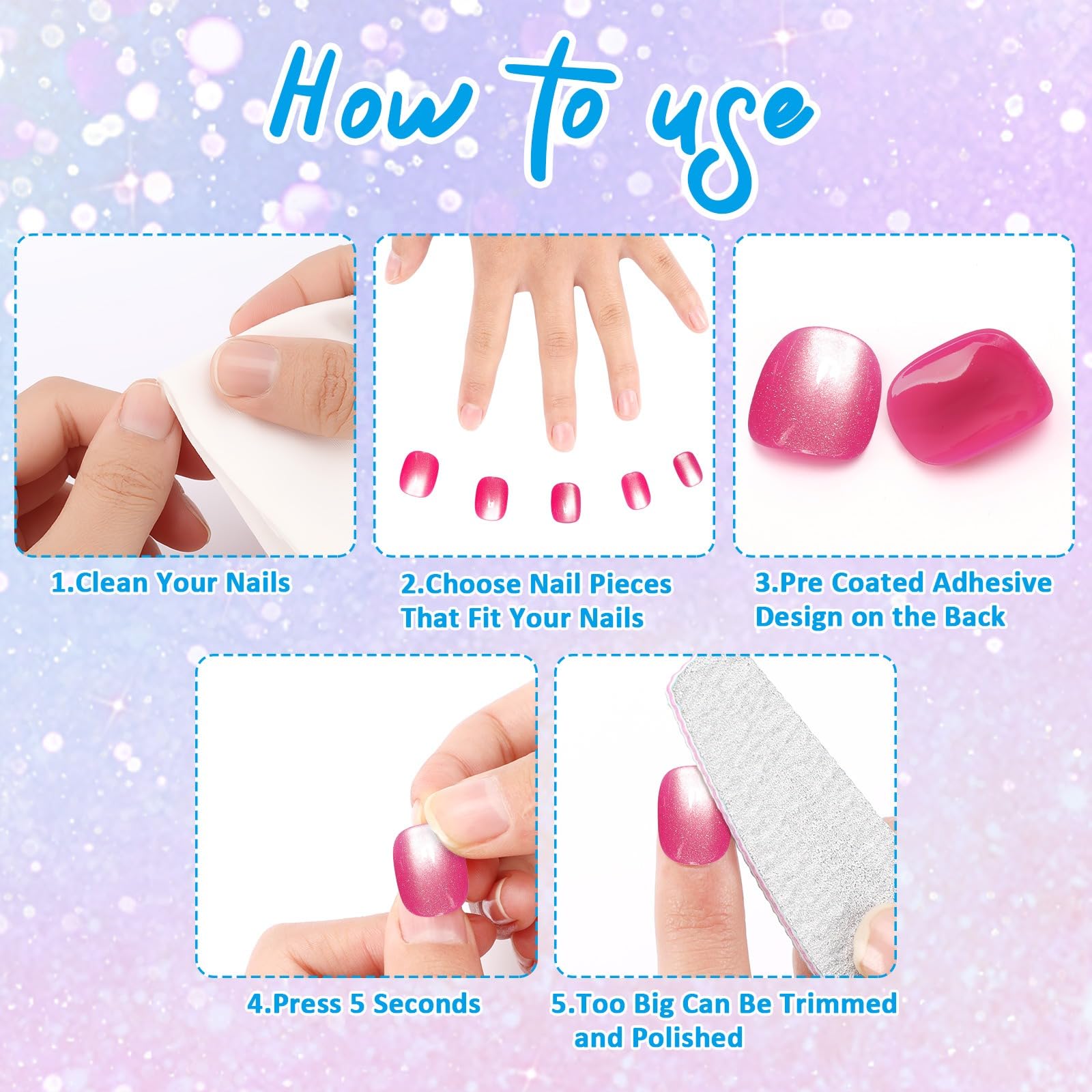 JANYUN 96 Pcs Cat-Eye Design Press-On Nails – Pre-Glued Full-Cover Short Nails
