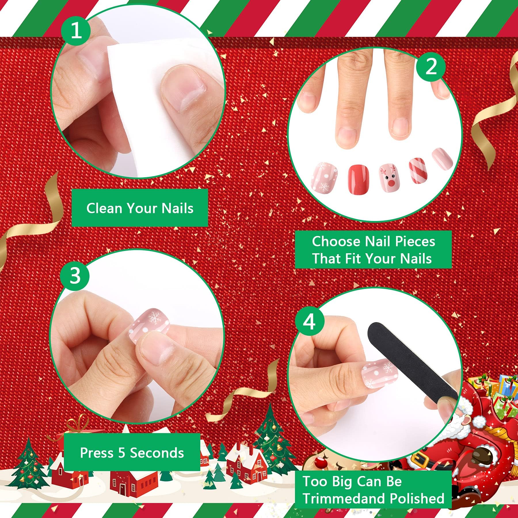 JANYUN Christmas Kids False Nails – 96 Pcs Stick-On Nails for Festive Short Nail Art
