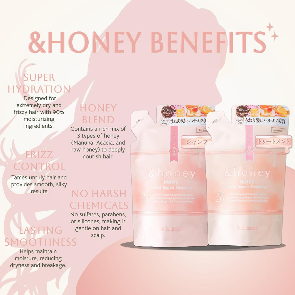 Honey Melty Moist Repair Shampoo & Conditioner Refill Set (350 mL) | Deep Hydration for Wavy, Curly, Kinky Hair | Eco-Friendly Refill Pouch