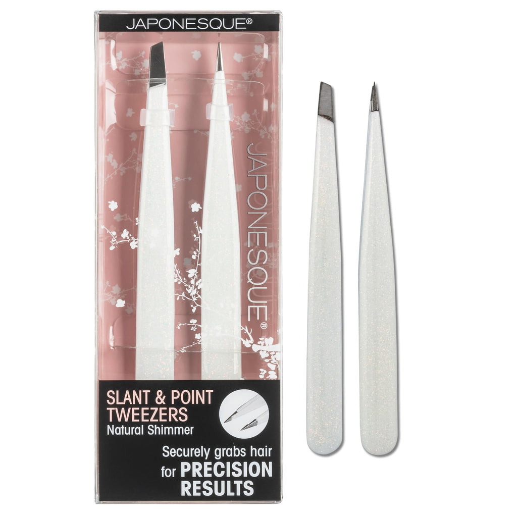 JAPONESQUE Pointed & Slant Tweezers Natural Shimmer Set – Precision Brow Tools