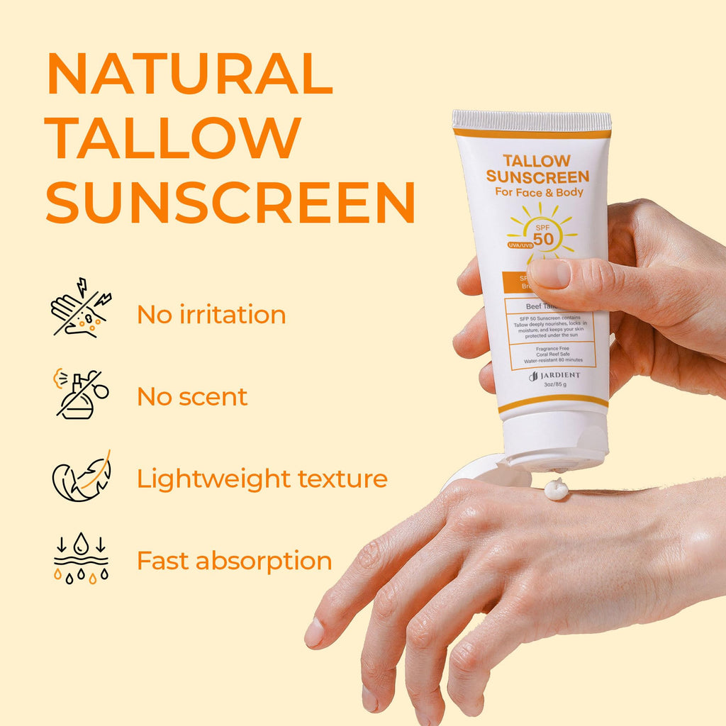 Jardient Beef Tallow Sunscreen SPF 50+ | Mineral, Non-Greasy, Non-Nano Zinc Oxide – 3 oz (85 g)