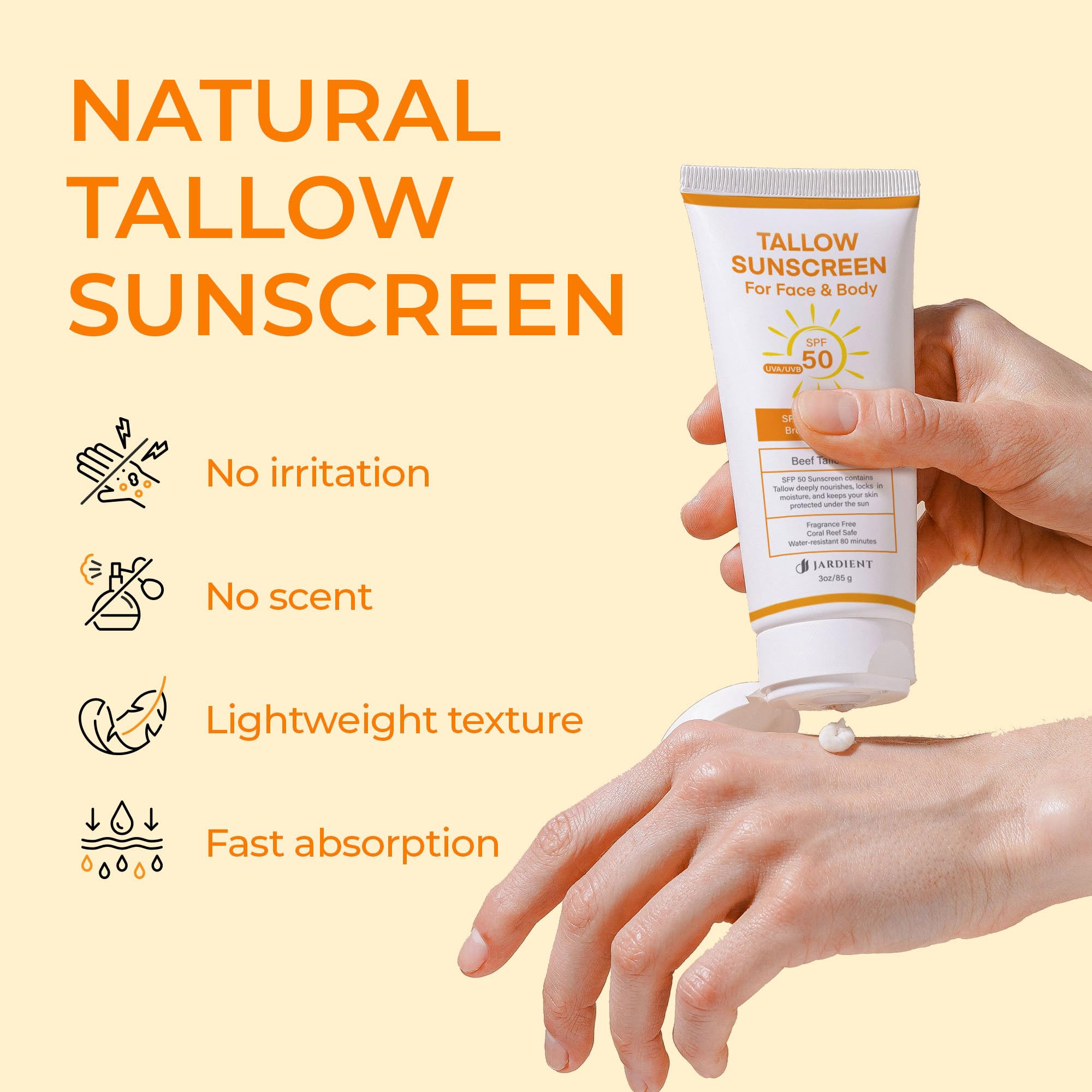 Jardient Beef Tallow Sunscreen SPF 50+ | Mineral, Non-Greasy, Non-Nano Zinc Oxide – 3 oz (85 g)