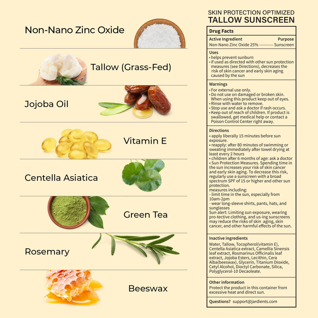 Jardient Beef Tallow Sunscreen SPF 50+ | Mineral, Non-Greasy, Non-Nano Zinc Oxide – 3 oz (85 g)
