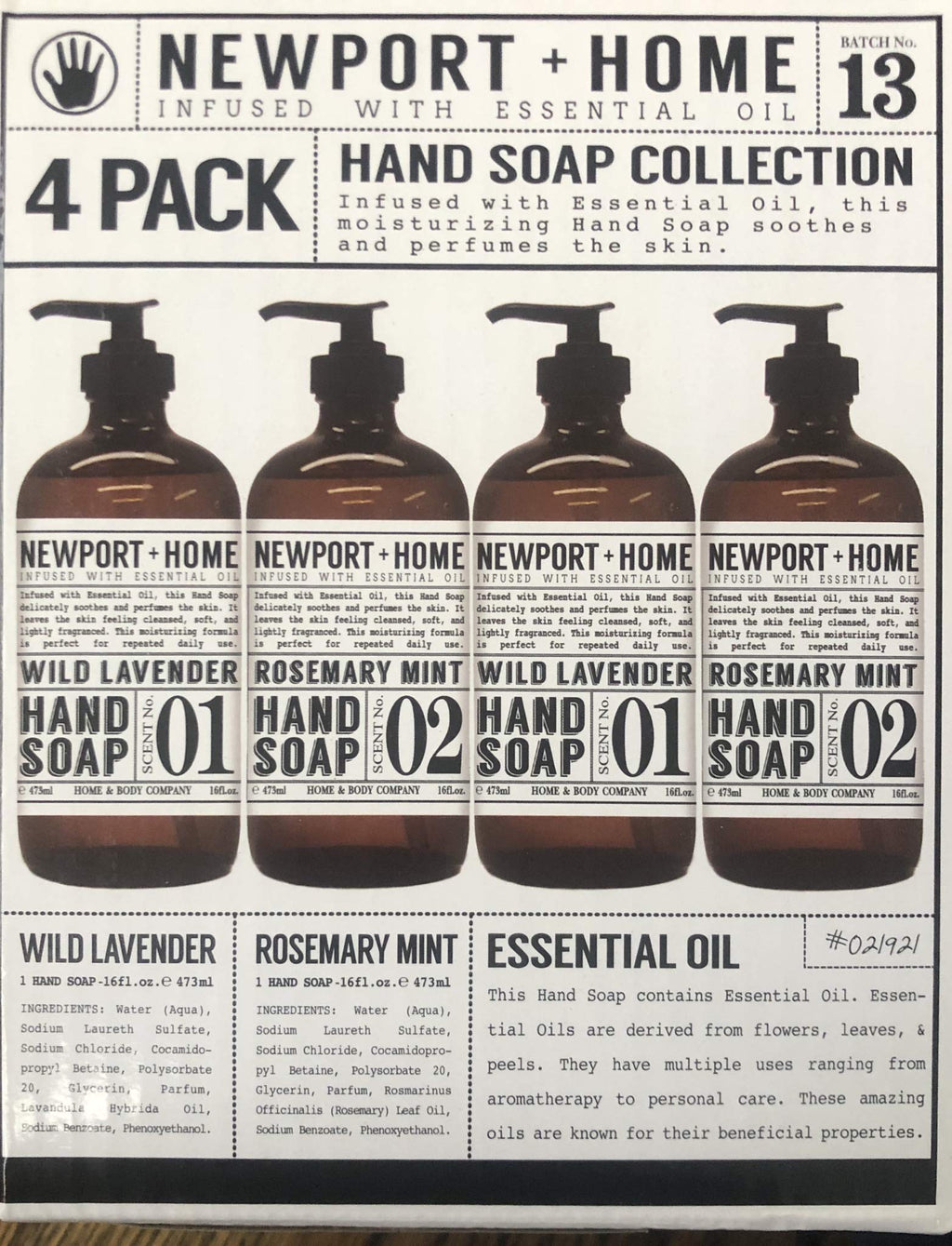JAROFUREL Newport Home Hand Soap — 4 Refillable 16oz Bottles (2 Rosemary Mint, 2 Wild Lavender)