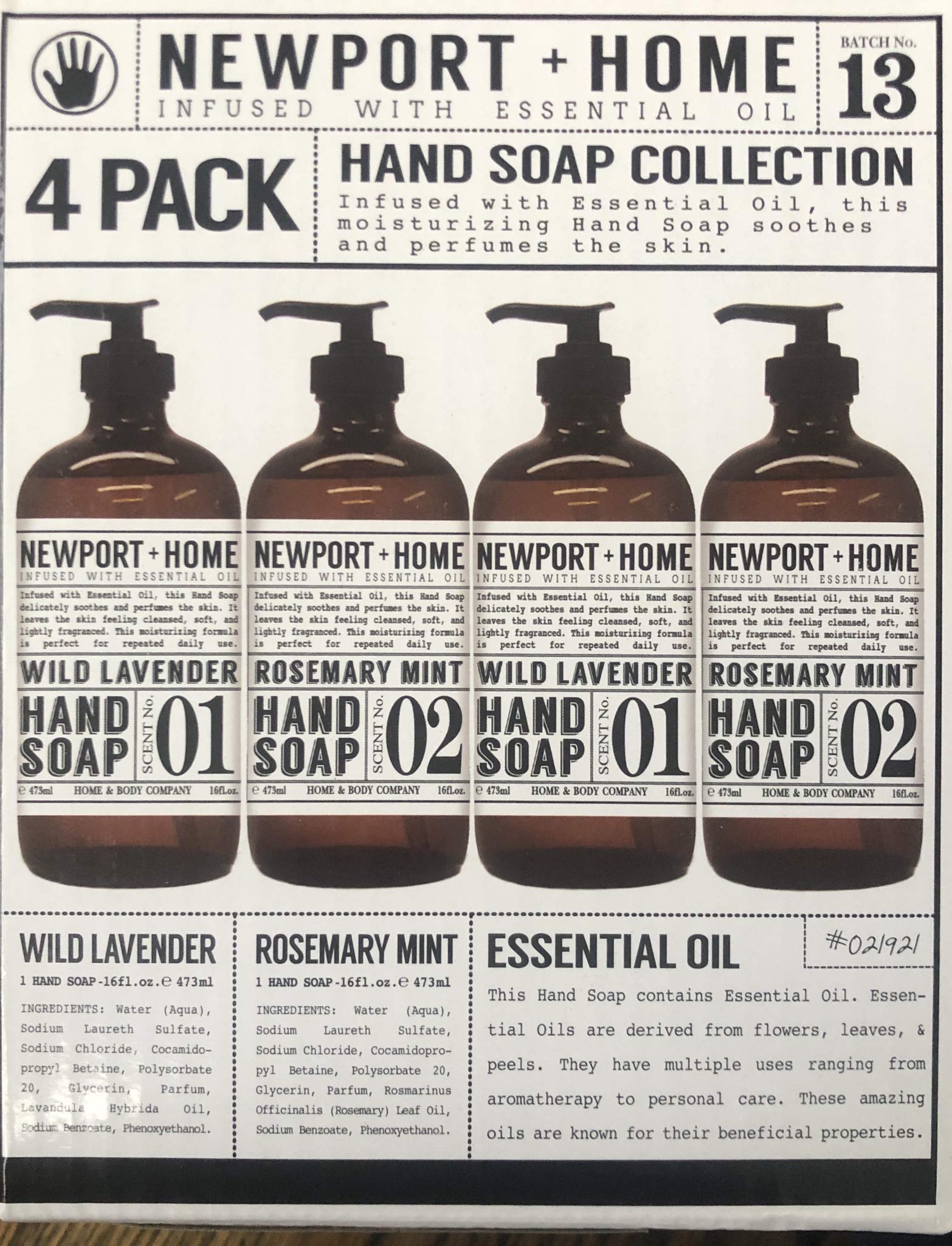 JAROFUREL Newport Home Hand Soap — 4 Refillable 16oz Bottles (2 Rosemary Mint, 2 Wild Lavender)