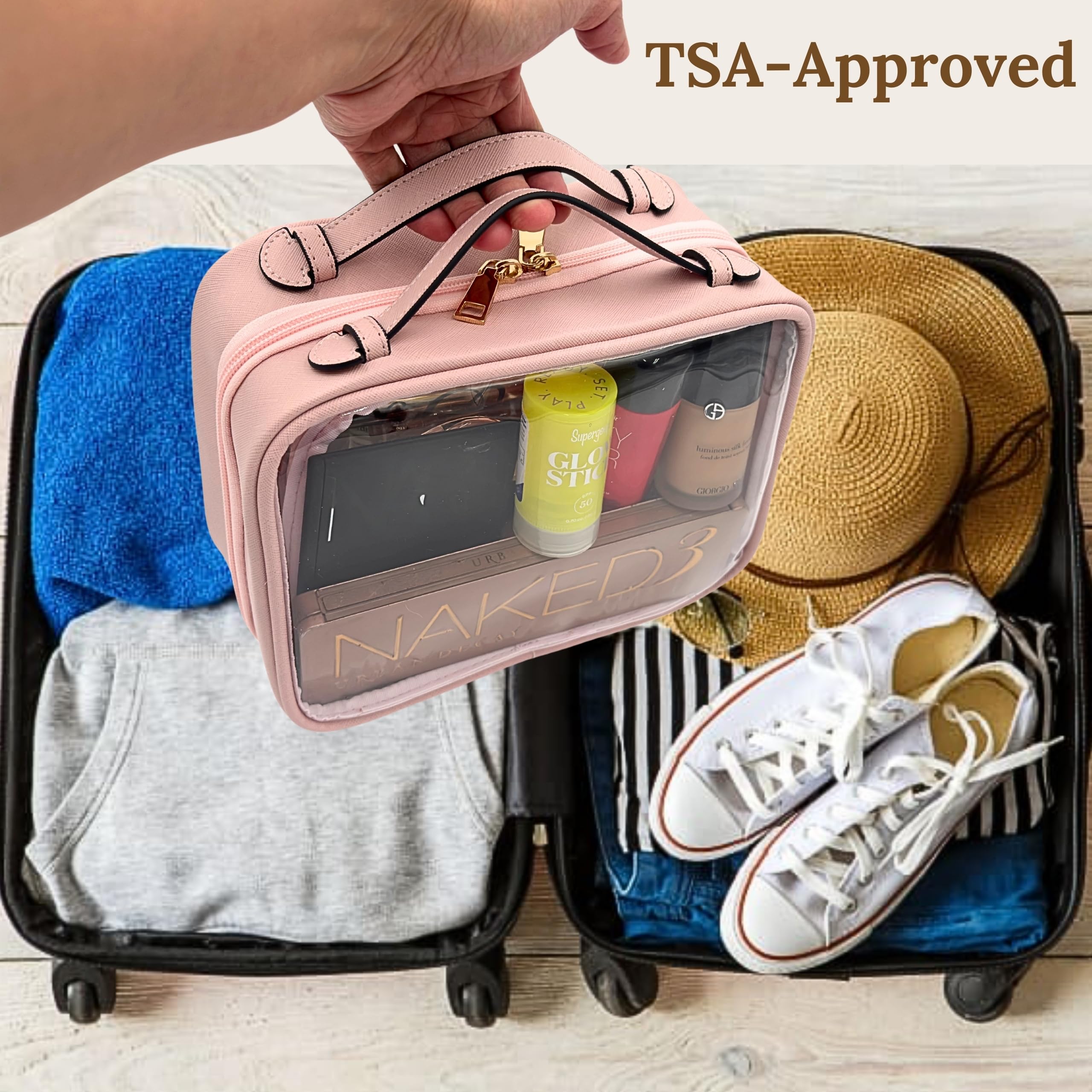 JAZD Clear Makeup Bag – Large Capacity Transparent Travel Case in Pink | TSA Approved