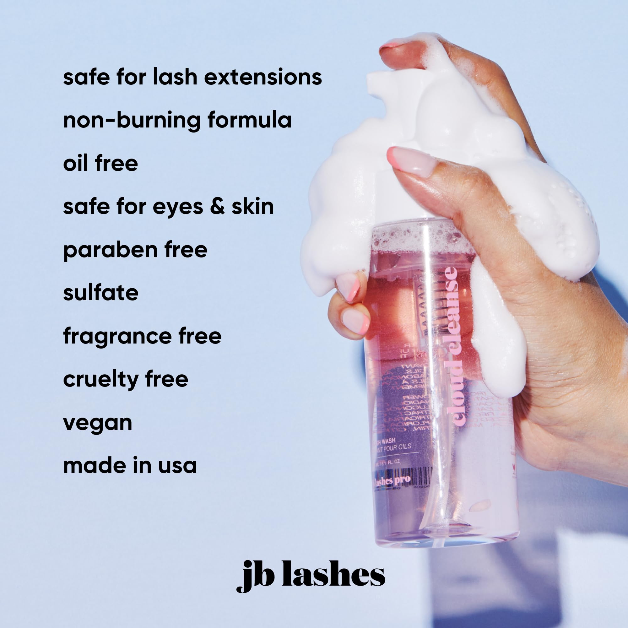 JB LASHES Gentle Eyelash Extension Lash Shampoo with Tea Tree – Aloe, Oil-Free Foaming Cleanser, 5.1 oz / 150 ml