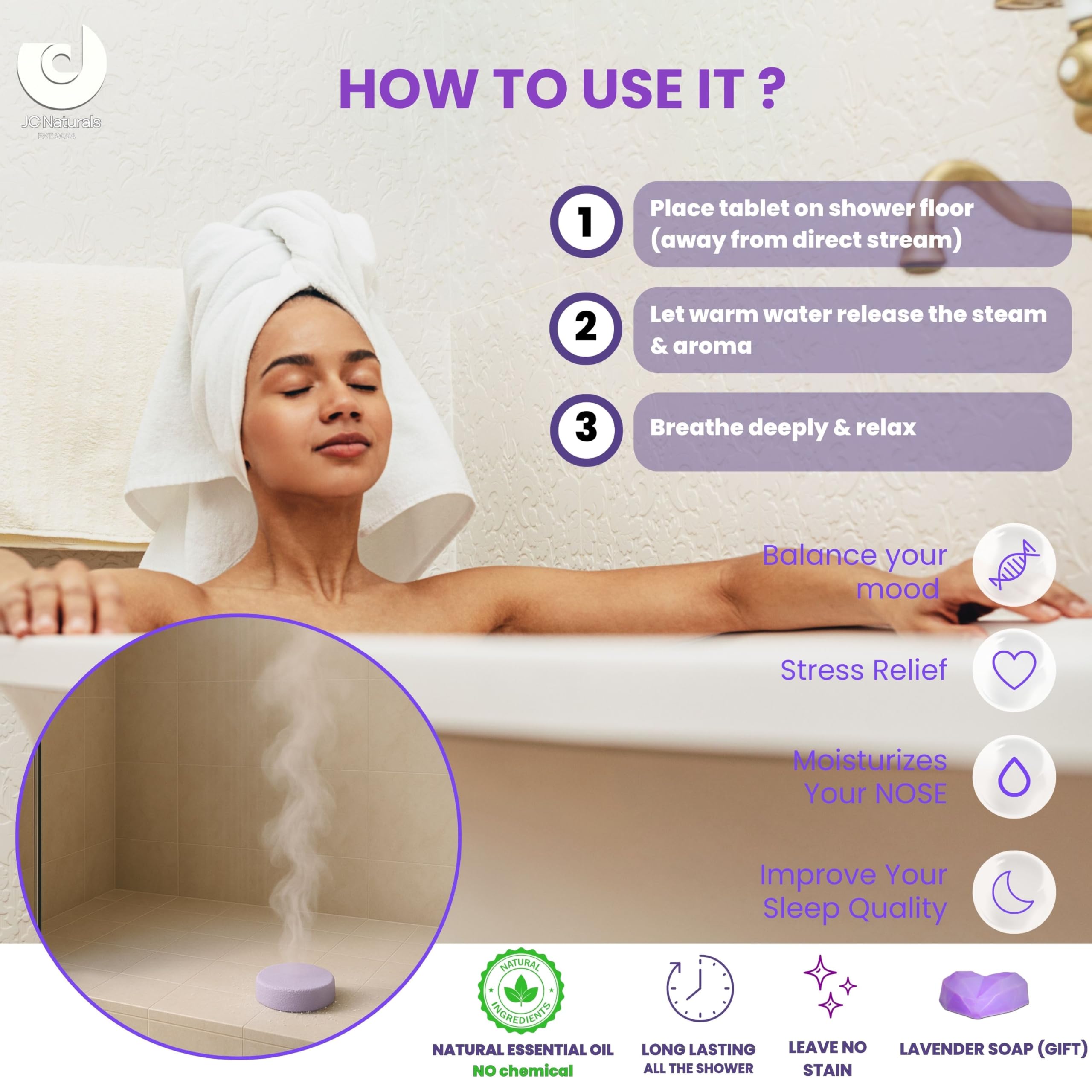 JC Naturals Lavender Shower Steamers – Extra Large 8-Pack XL Aromatherapy
