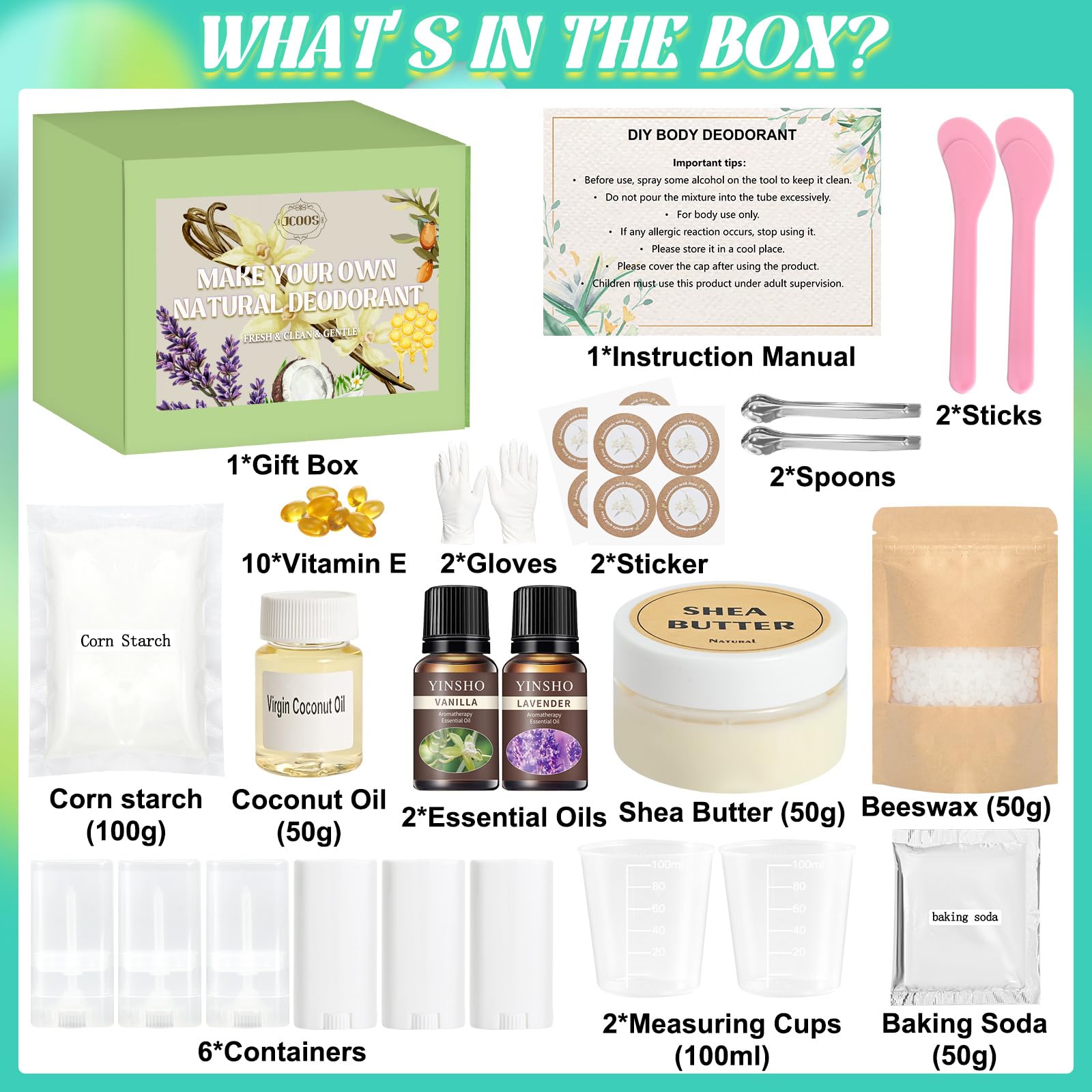 JCOOS Deodorant Making Kit — DIY Aluminum-Free Deodorant for Women and Men | Shea Butter, Coconut Oil