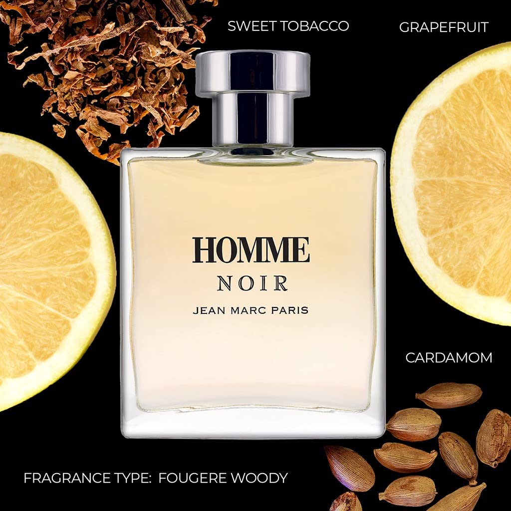 Jean Marc Paris Homme Noir Eau de Toilette – 100ml/3.4oz Woody Fragrance with Grapefruit, Tobacco & Tonka Bean