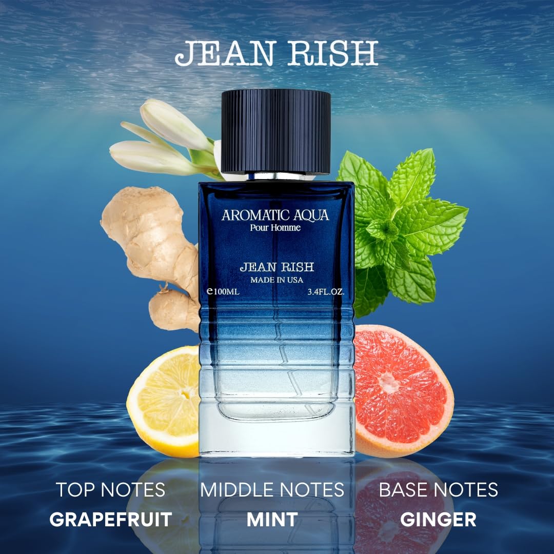 Jean Rish Aromatic Aqua Pour Homme EDP 100ml – Grapefruit, Mint & Ginger | Long-Lasting Luxury, Made in USA