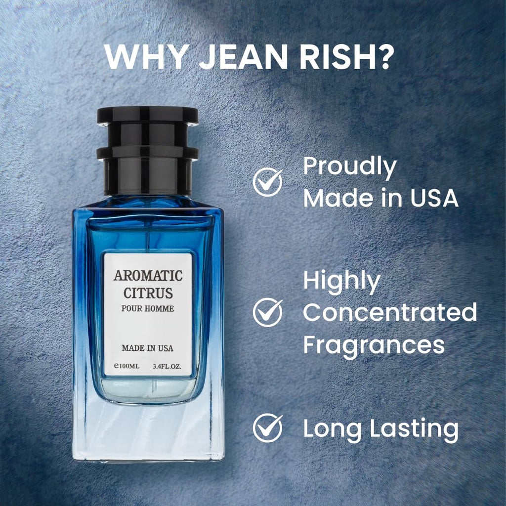 Jean Rish Aromatic Citrus Eau de Parfum for Men – Lemon, Vanilla & Amber, 3.4 fl oz / 100 ml, Made in USA