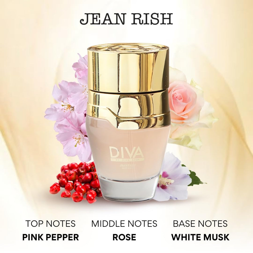 Jean Rish Diva Eau de Parfum for Women – 100ml, Pink Pepper & Rose, Made in USA