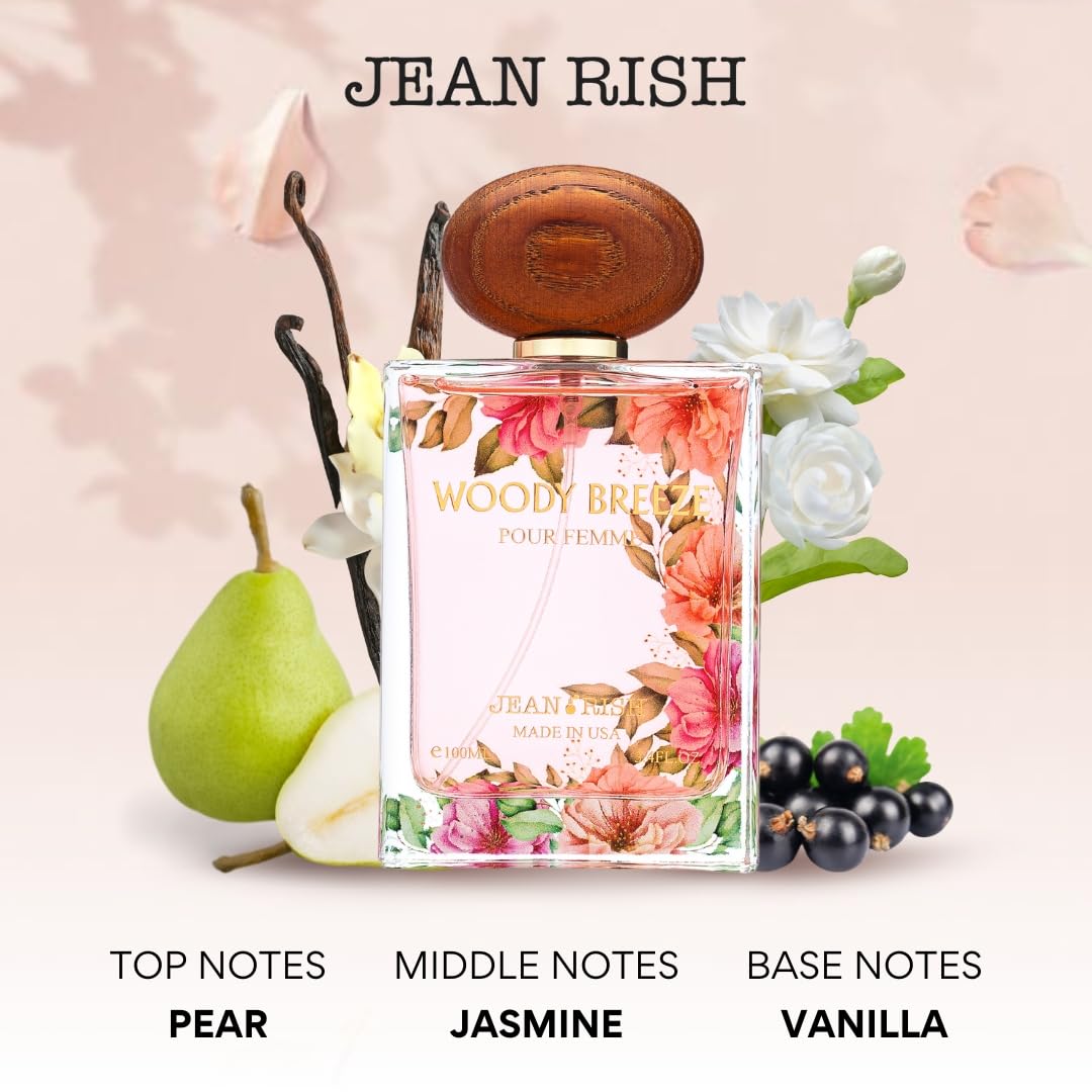 Jean Rish Woody Breeze Eau de Parfum for Women – Pear, Jasmine & Vanilla | 3.4 Fl Oz / 100 ml | Made in USA
