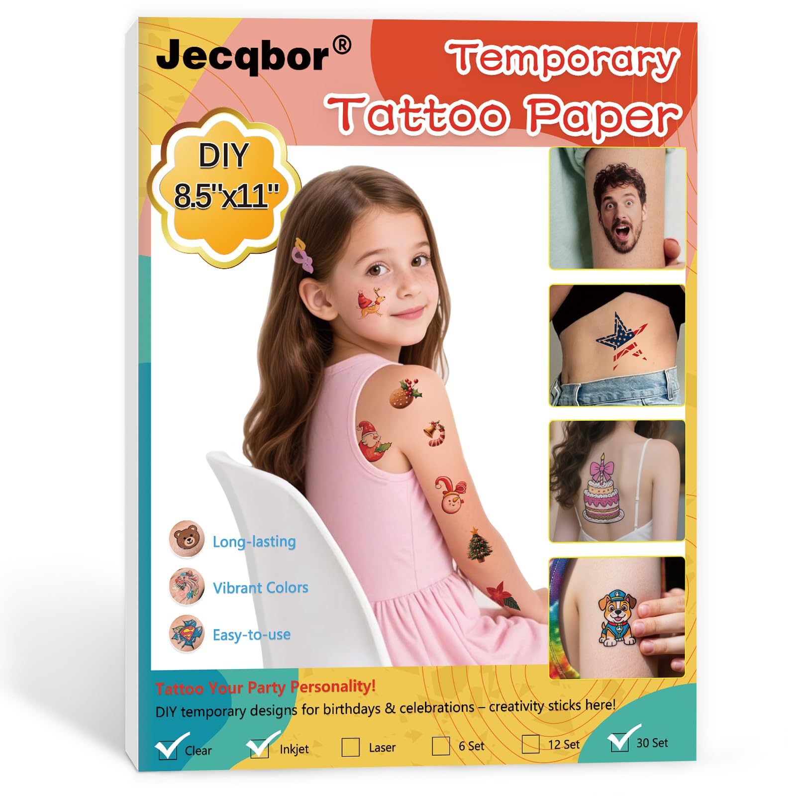 Jecqbor Printable Temporary Tattoo Paper for INKJET Printers — 30 Sets 8.5x11 Clear Transfer Paper