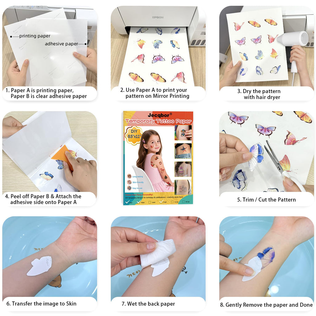 Jecqbor Printable Temporary Tattoo Paper for INKJET Printers — 30 Sets 8.5x11 Clear Transfer Paper