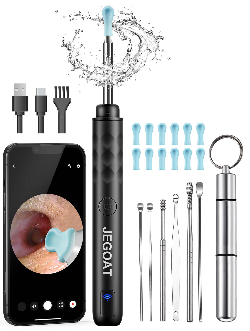 JEGOAT Ear Wax Removal Kit — 1296P HD Camera, 6 LED Lights, 12 Tips, iOS/Android