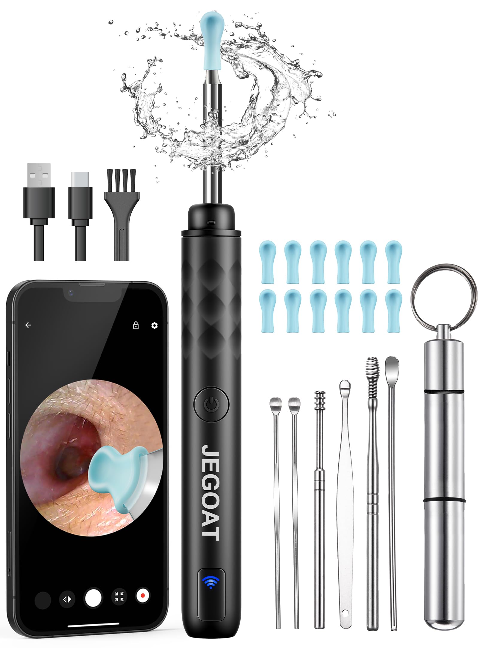 JEGOAT Ear Wax Removal Kit — 1296P HD Camera, 6 LED Lights, 12 Tips, iOS/Android